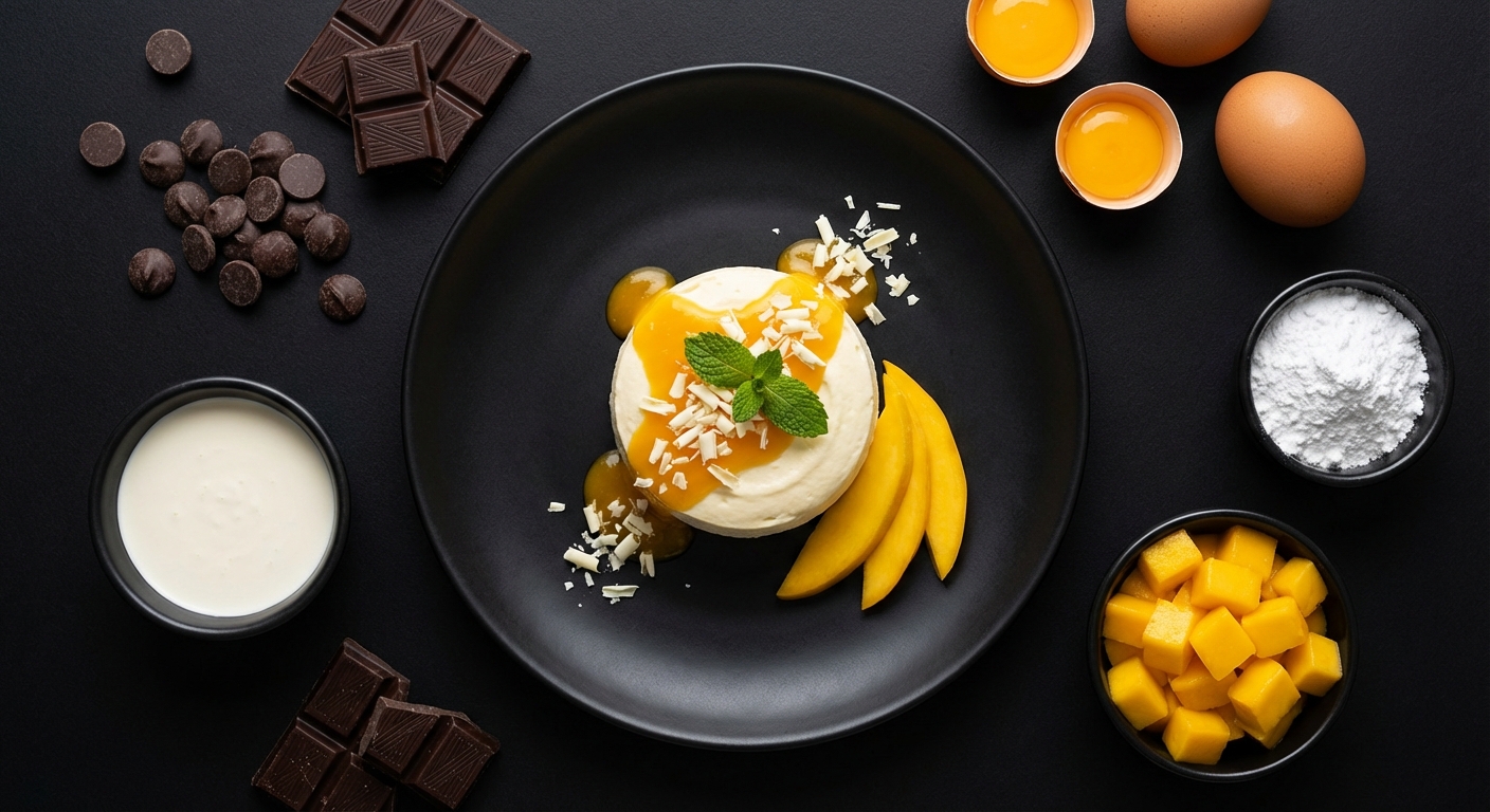 Mousse de Chocolate Branco com Coulis de Manga